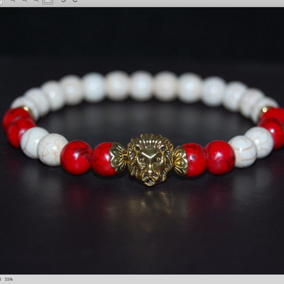 Lion Bracelet,Red and White Bracelet,Howlite 8mm Stone Beads,Red and White Lion - Picture 2 of 3